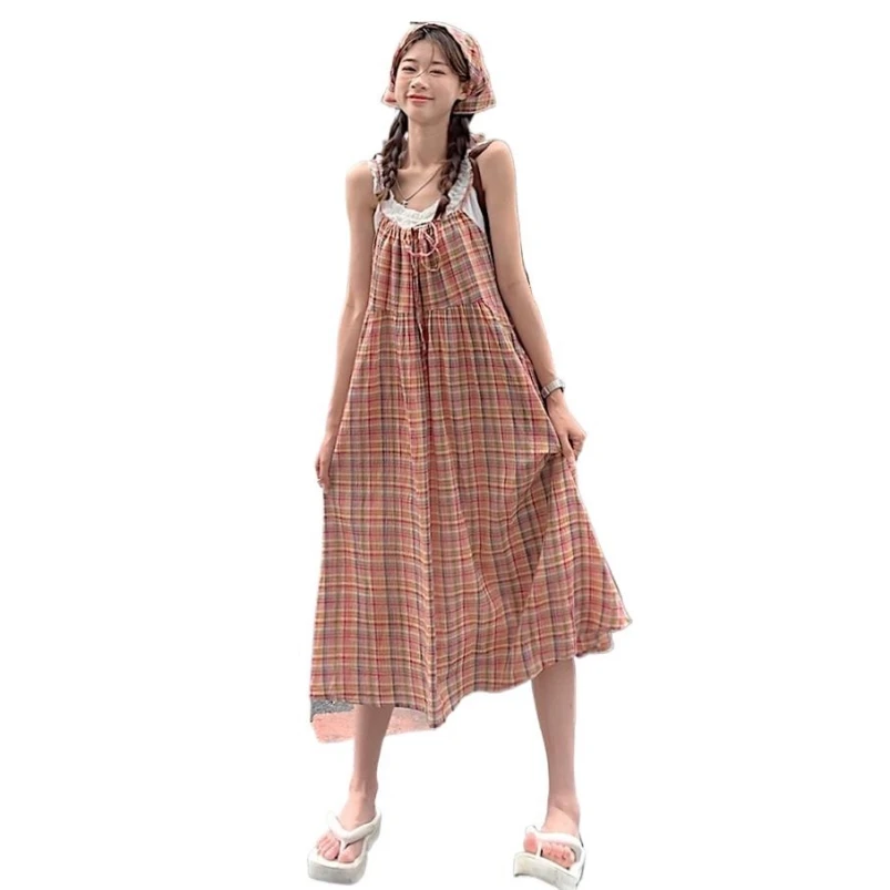 

Summer Cotton New Feminine Round Neck Plaid Suspended Long Dress Sleeveless Drawstring Loose Vintage Mid-Calf Casual Vestidos