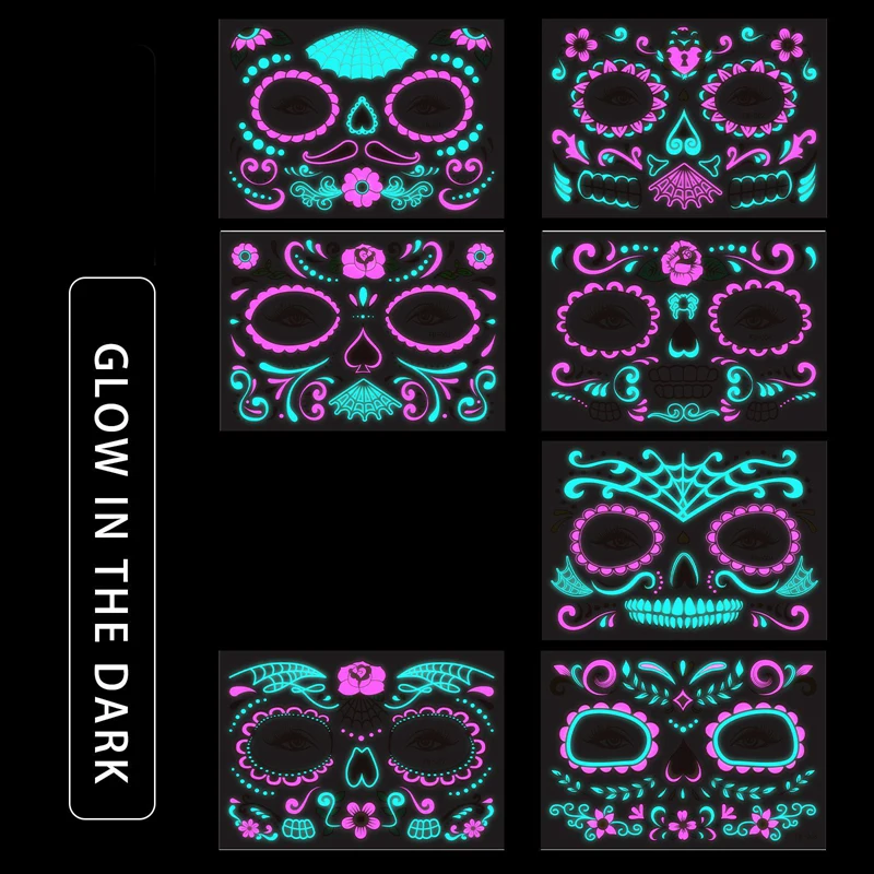 Day of the Dead Halloween  Tattoo Sticker Temporary Skin for Night Bar Party Festival Makeup Tattoo Glow in  Dark Body Sticker