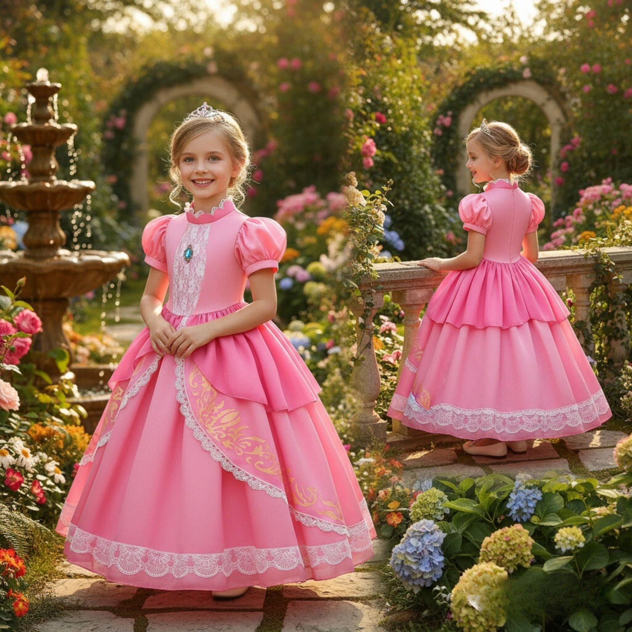 

Peach New Girls' Elegant Clothes Lace Pink Fancy Puff Sleeves Princess Dress Lovely Version Patchwork Color Children 4 6 8 Yrs