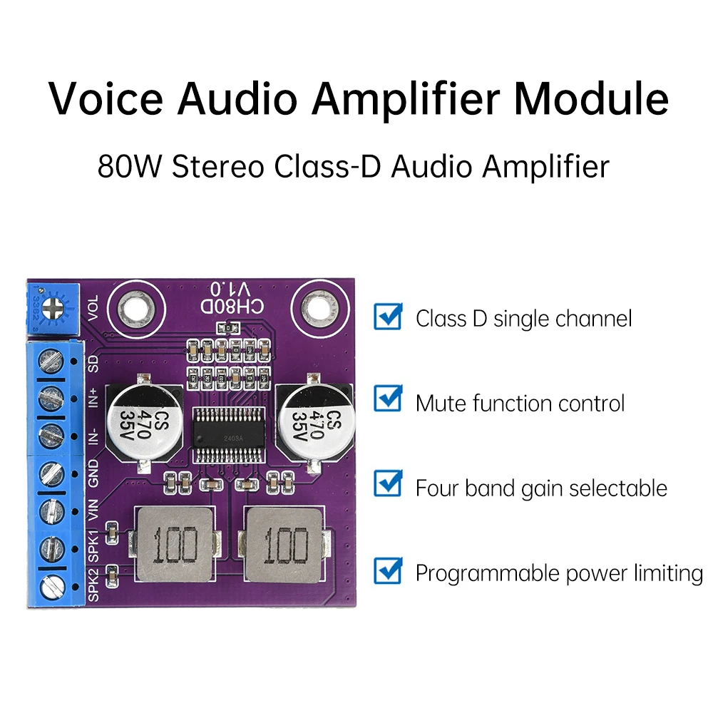 DC 5-26V CH80D 80W Stereo Serial Class-D Audio Amplifier Single Channel Voice Audio Amplifier Module 95% Efficiency