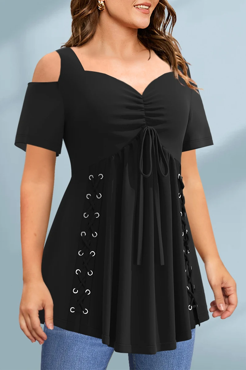 Damskie koszulki Plus Size Off Shoulder Eyelet Lace Up Pleated Solid Black Short Sleeve Summer 2024 Tee Shirts Casual Loose Tops