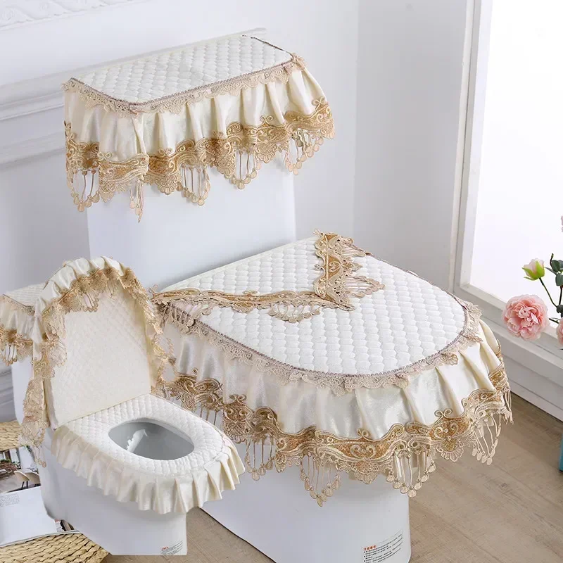 Four Seasons Universal Toilet Cushion Set 3 Piece Set Pastoral Lace U-shaped Thickened Zipper Toilet Cover Seat Ring