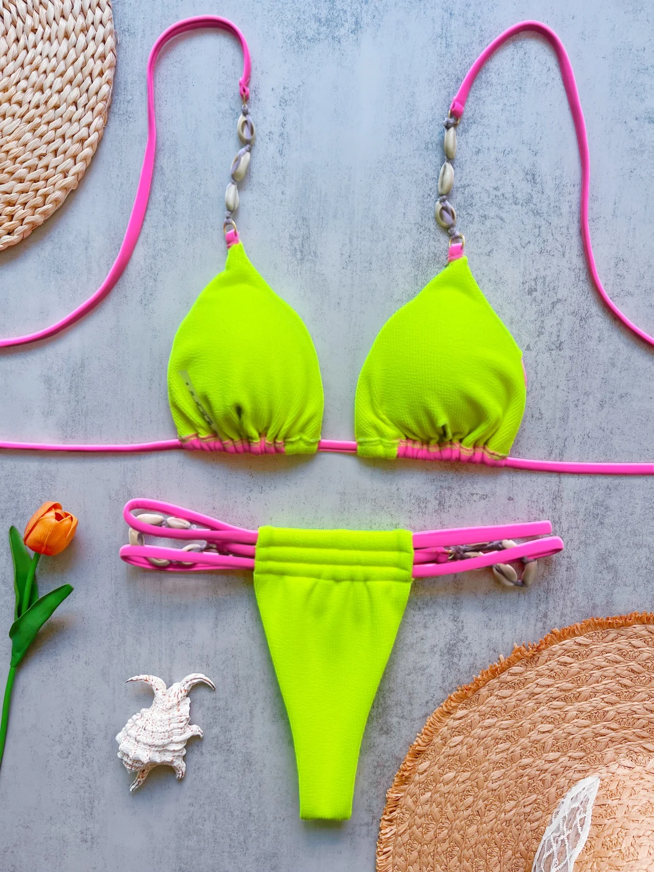 2026 Sexy Women's Splicing Color Bikini Set Beach Swimsuit 2-piece Set Special Fabric Shell Decoration