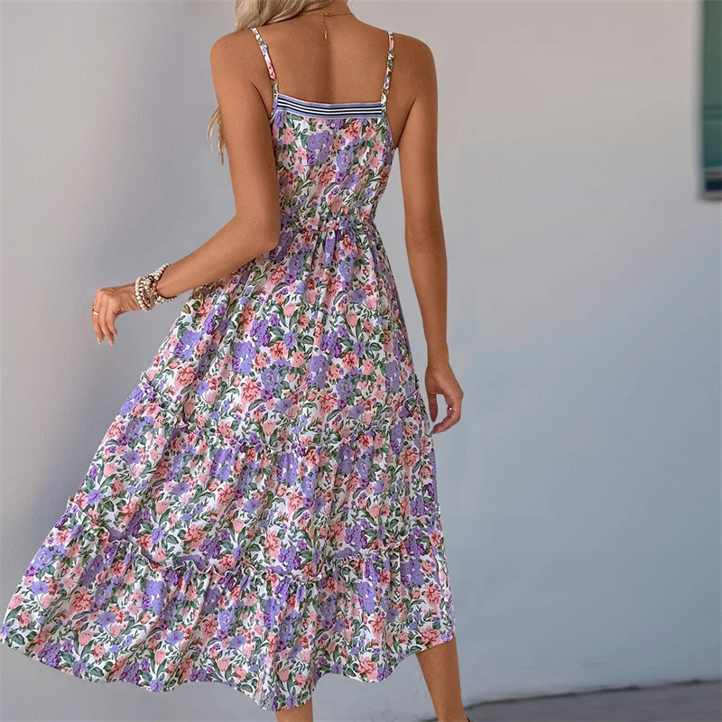 Dourbesty femmes cordon avant longue robe Maxi sans manches Spaghetti sangle imprimé fleuri robe ample robe de vacances Vestido 2025