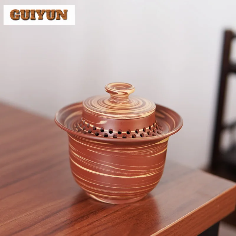 

200ml Handmade Raw Ore Mixture Twist Gaiwan Qinzhou Nixing Pottery Teapot Hand Held Bowl With Full Hole Filter Tea Tureen Teaset