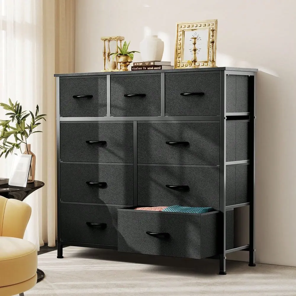 

9 Tall Fabric Clothes Cabinet Storage Organizers And Wood Top Surface Table Chest Of Drawers, 9 Drawer Dresser,Grids Grid Cabin