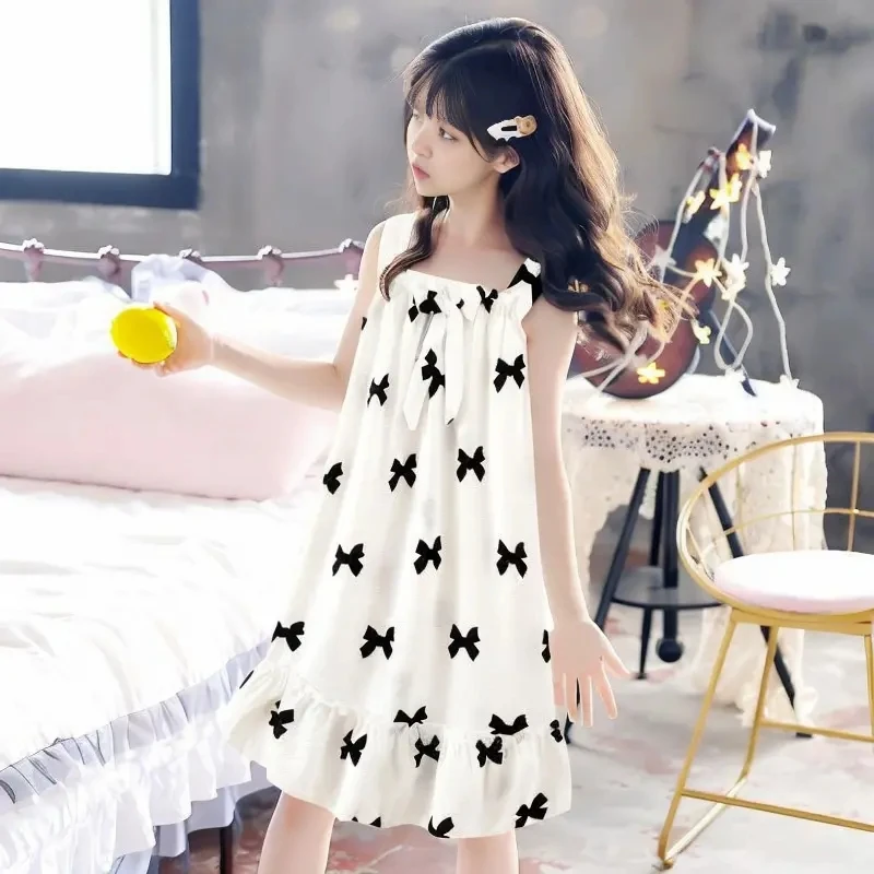 Sweet Cute Style Summer Girls' Pajama Dress Bow Decoration Short Sleeve Pajama Dress Large Children Home Clothing Outgoing Skirt