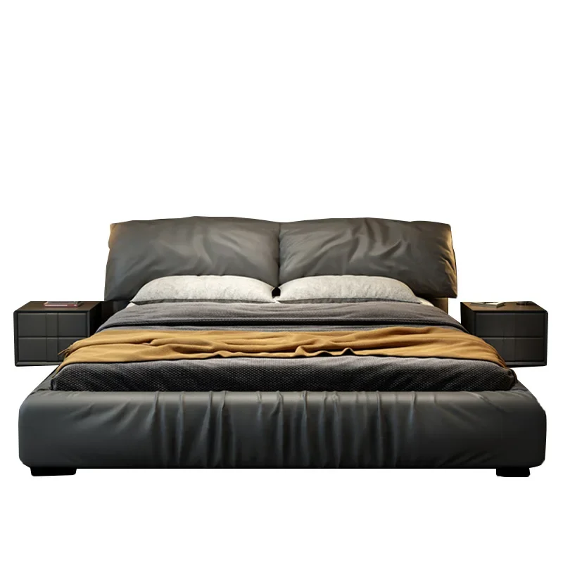 

Leather bed, first cowhide, Italian, minimalist, master bedroom, double, soft bag