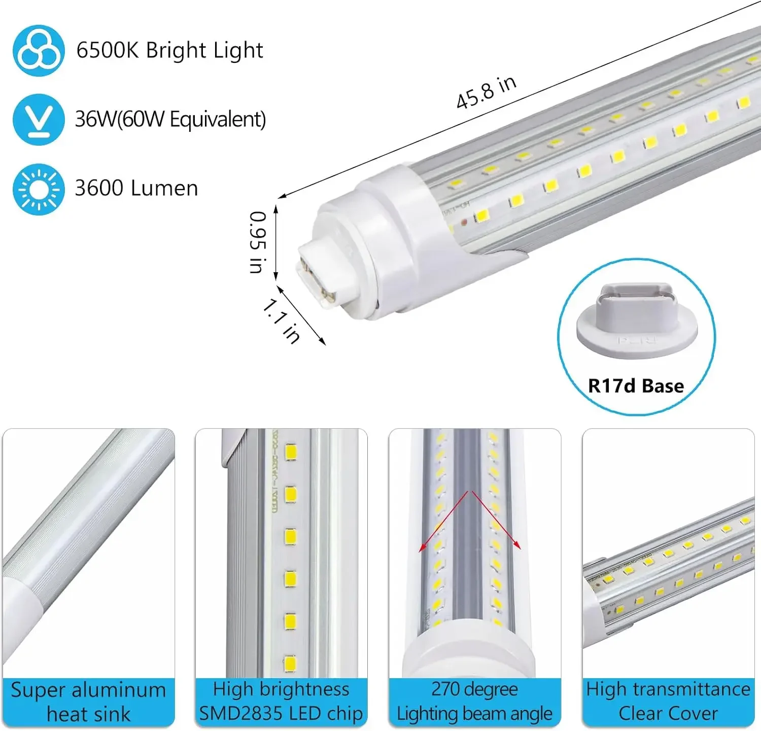 10 Pack 4FT T8 LED Tube Light R17d Replace F48T12 Fluorescent Bulb | Actual Length 45.8 in,36W 3600lm 6500K, Type B Dual-End Pow