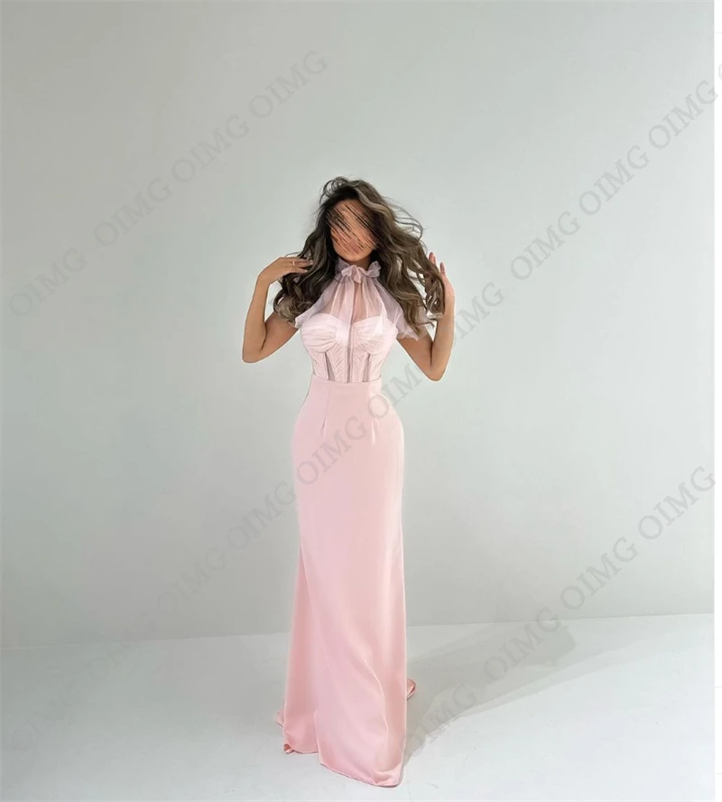 OIMG-Vestidos de casamento elegantes para mulheres, gola alta, sem mangas, gola alta, vestido de baile, vestido formal, novo, rosa claro, 2023