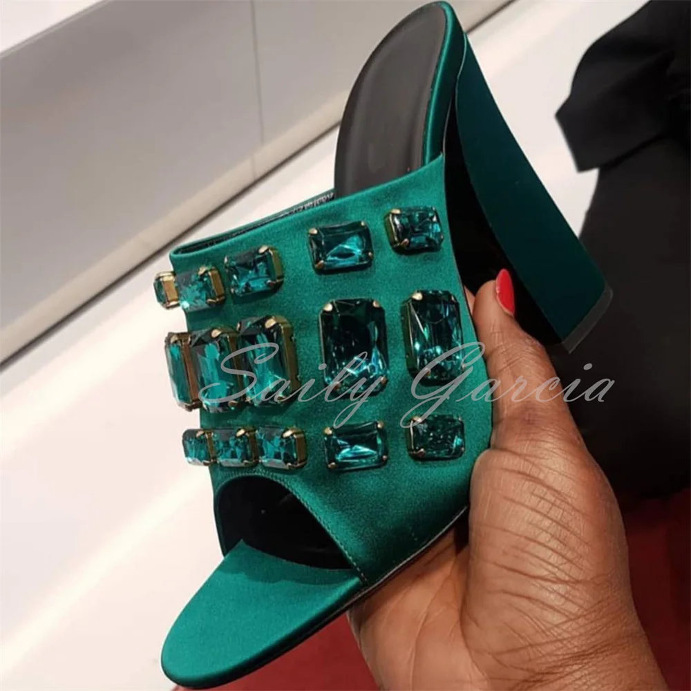 

Green Satin Sparkling Faux Bejeweled Open Toe Mule Women Open Toe Chunky Heel Fashion Luxury Slingback Party Dress Slippers