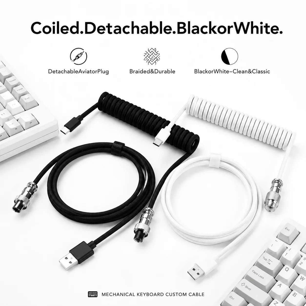 Aviator Coiled Mechanical Keyboard Cable, USB Type C Detachable Aviation Connector for Gaming Desktop PC Custom Keyboards