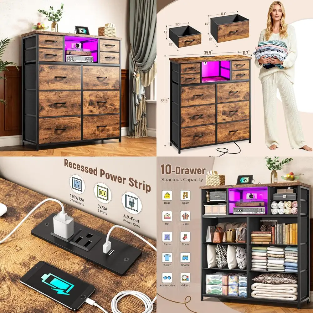 

10-Drawer Bedroom Dresser with LED Lighting and Power Outlet, Fabric Storage Chests with Open Shelves