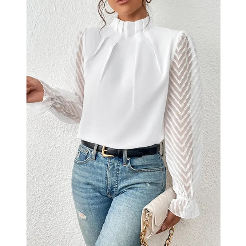 

Fashion Women Solid Color Chiffon Blouse Hollow Out Desige Lace Decor See Through Half High Collar Long Sleeve Loose Top