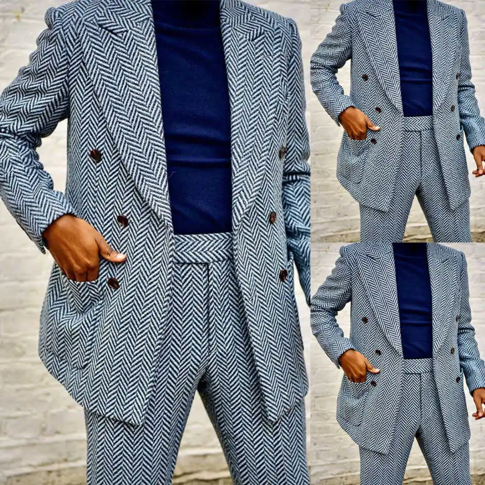 

Classic Herringbone Men Wedding Suits Peak Lapel Double Breasted Tuxedos Groom Party 2 Pcs Blazer Pants Party Customized Suit