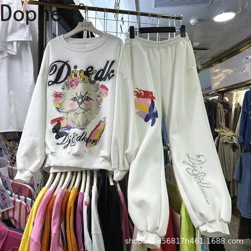 

Модные комплекты с капюшоном с мультяшным принтом для женщин, новый осенний свободный пуловер с длинными рукавами и эластичной резинкой на талии, шаровары