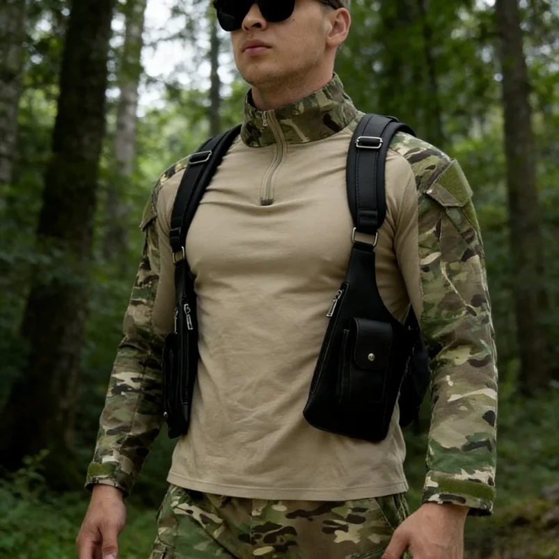 

Retro Double Shoulder Strap Tactical Bag Multi Pocket Anti Theft Waterproof PU Outdoor Travel Hiking Chest Bag for Men Daily Use