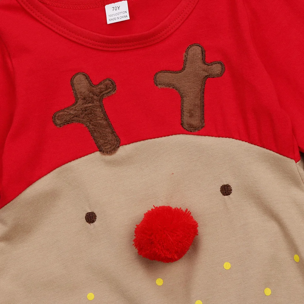 

Newborn Holiday Bodysuit 0-6M Red Nose Cartoon Reindeer Long Sleeve Jumpsuit with Stripe Hat for Christmas Party Winter Season