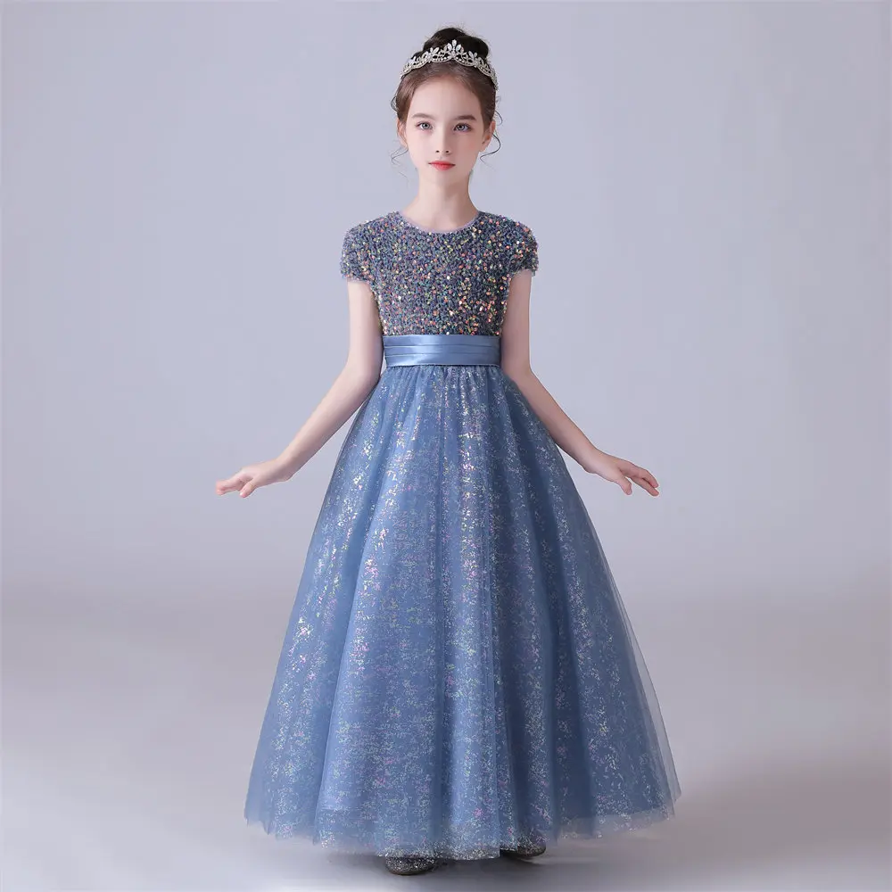 Robe bleue à col rond pour filles, tulle brillant, nœud en paillettes, robes de demoiselle d'honneur, anniversaire d'enfants, robe de princesse formelle, quoi que ce soit