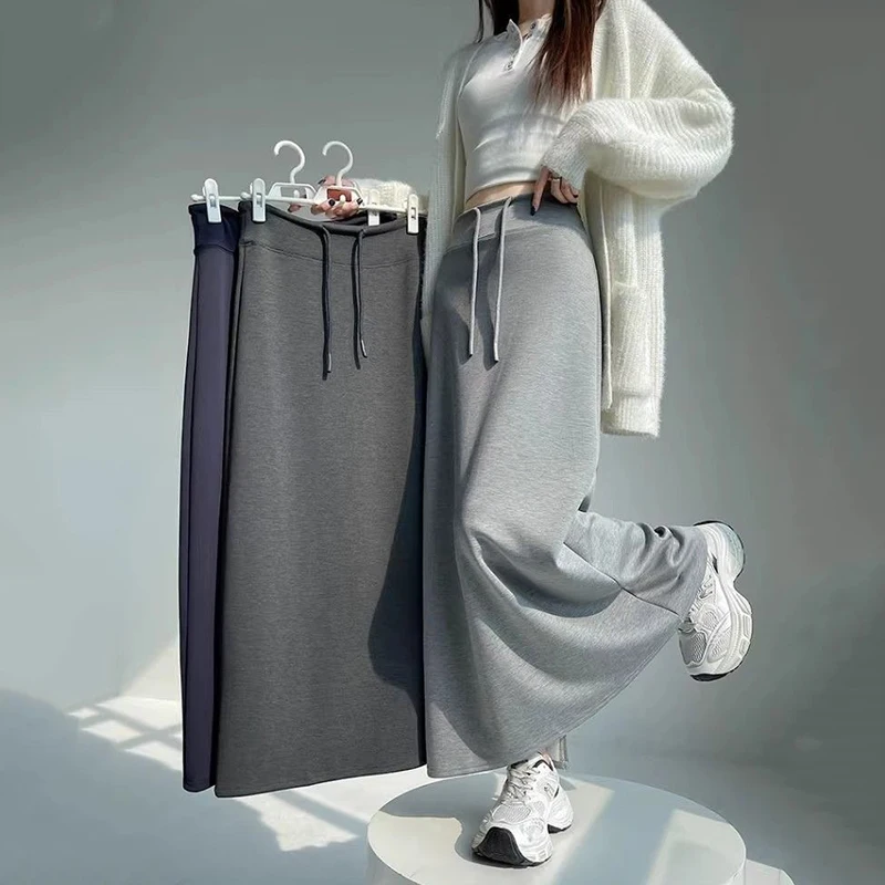 Sexy Back Slit Sports Skirt for Women Autumn High Waist Drawstring Casual Midi Skirt Korean Chic All Match Jogging A Line Skirts