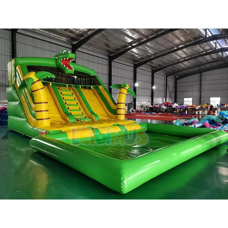 Crocodile Tropical Palm Inflatable Water Slide With Pool Giant Double Lane Inflatable Slide for Kids Adults Party Rental