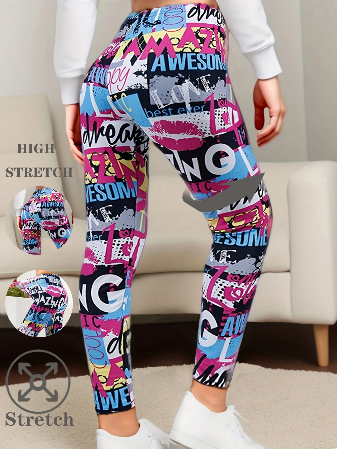 Graffiti legginsy na co dzień drukowane legginsy damskie wysoka rozciągliwość Fitness ćwiczenia spodnie do jogi szczotkowane seksowne dziewięciopunktowe spodnie ołówkowe