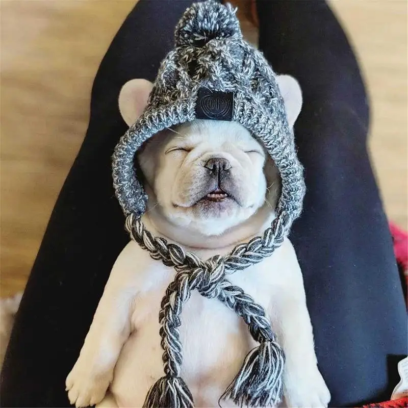 Winter Warm Dog Hats Windproof Knitting French Bulldog Hat For Dogs Chihuahua Hat Fluffy Ball Puppy Accessories Pet Hats