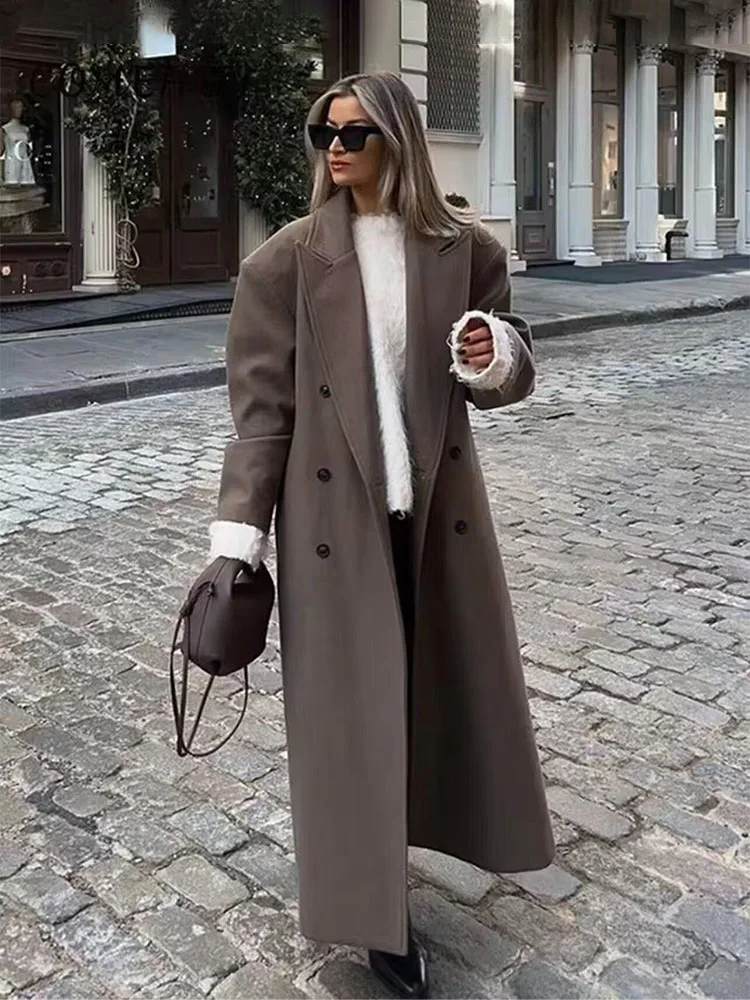 HH Woman Fashion Solid Long Sleeves Double Breasted Lapel Long Coat Female Versatile Casual Commuting Winter Long Overcoat