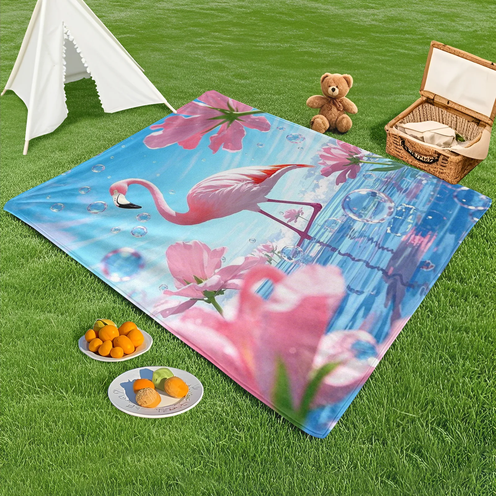 Couverture ludique à motif de fleurs et d'eau, flamant rose, pour une utilisation en extérieur, avec un thème de conception tropicale vibrante et relaxant