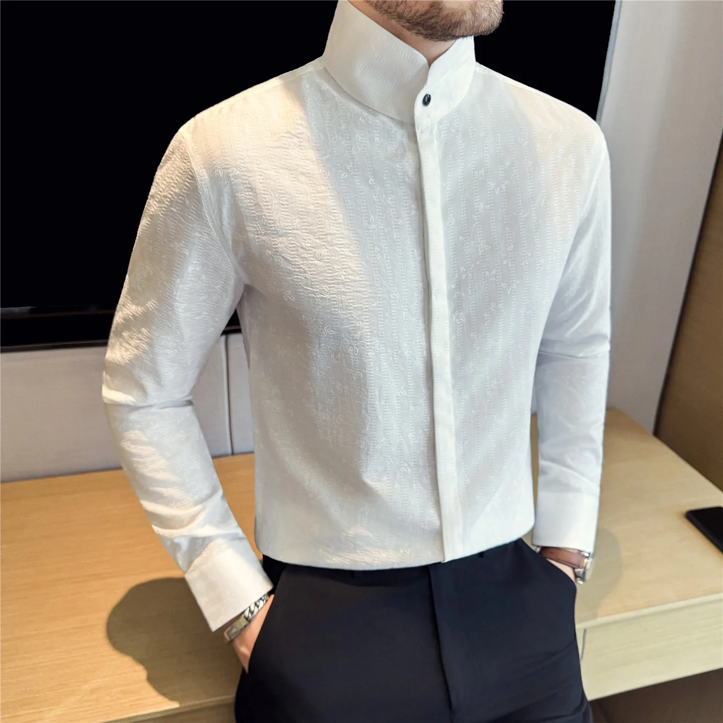 Chinese Style Jacquard Stand Up Collar Shirt Men's Long Sleeve High Collar Design Floral Shirt Casual Business Social Shirt 2025