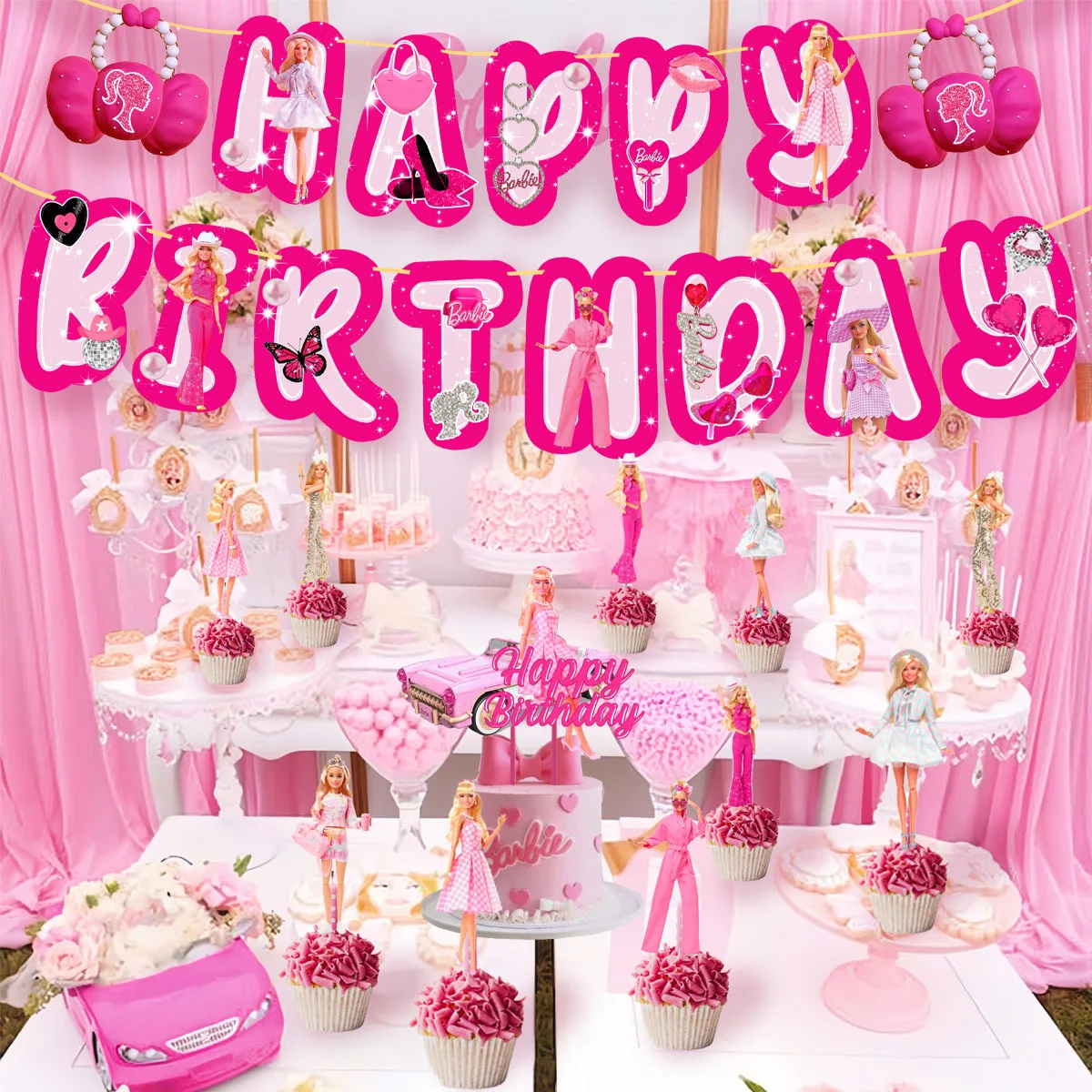 

New Barbie Theme Party Flag Cake Card Pink Girl Princess Party Decoration Banner