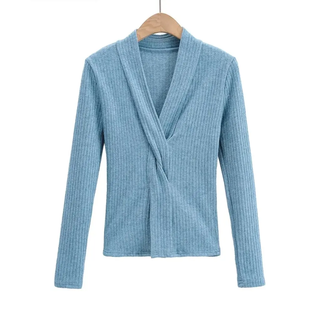 

Women's Slim Fit V-Neck Cross Kink Base Shirt Top European American Style 22 AP21631 Sexy Autumn Winter Fashion Open Cardigan