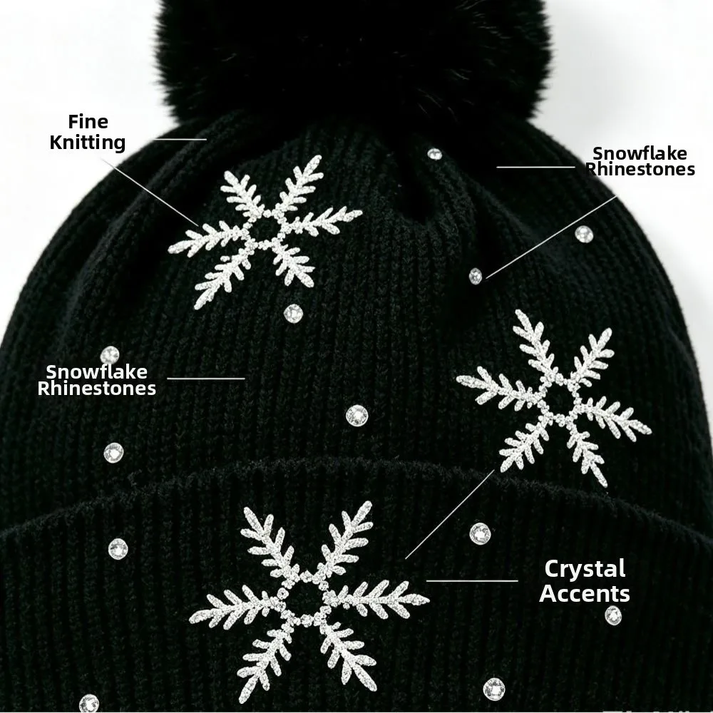 Thickened Women Snowflake Knitted Hat Keep Warm Snowflake Rhinestone Winter Balaclavas Cap Windproof Elastic Pullover Hat Winter