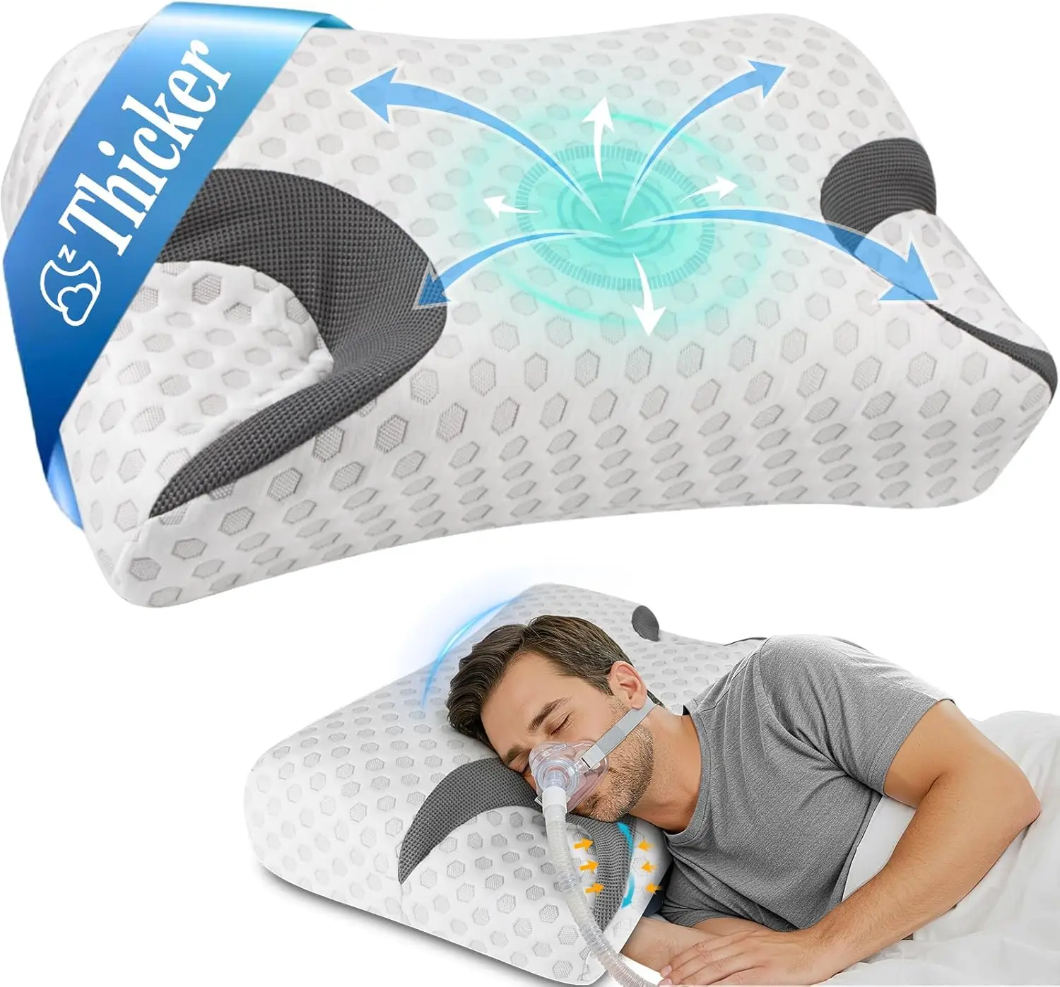 Ergonomic CPAP Pillow, Adjustable Height Memory Foam Bed Pillow, Cutout Design for Mask, Reduce Pressure Points,Breathable Cover