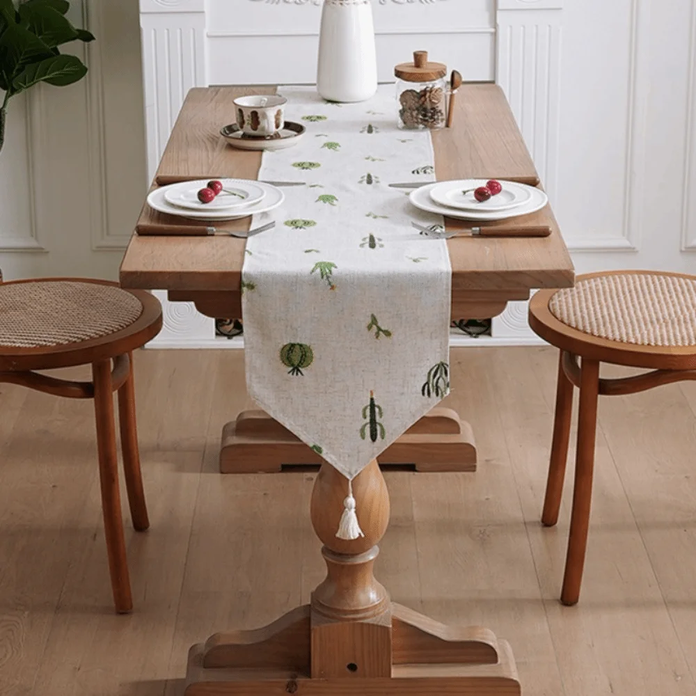 Rustic Style Linen Embroidery Table Runner Flower/Cactus Pattern Long Strip Table Cloth Decorative with Tassel Table Linen Daily