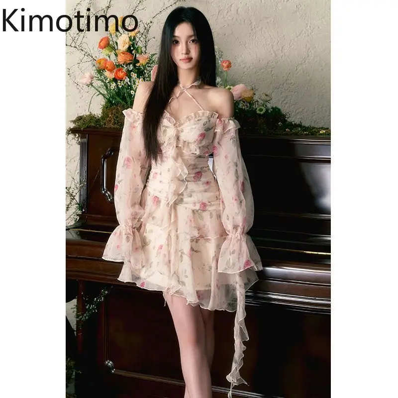 

Kimotimo Fairy Y2k Dress Women Summer Floral Halter Ribbon Irregular Ruffle Slim Short Dresses French Sweet Long Sleeve Vestidos