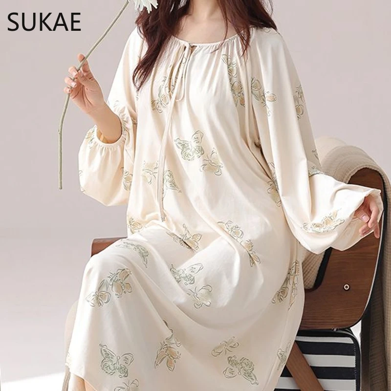 SUKAE Gorgeous Long Sleepshirt Elegant Women Nightgowns Spring Vintage Court Style Lady Chic Dress Autumn Faux Cotton Nightdress