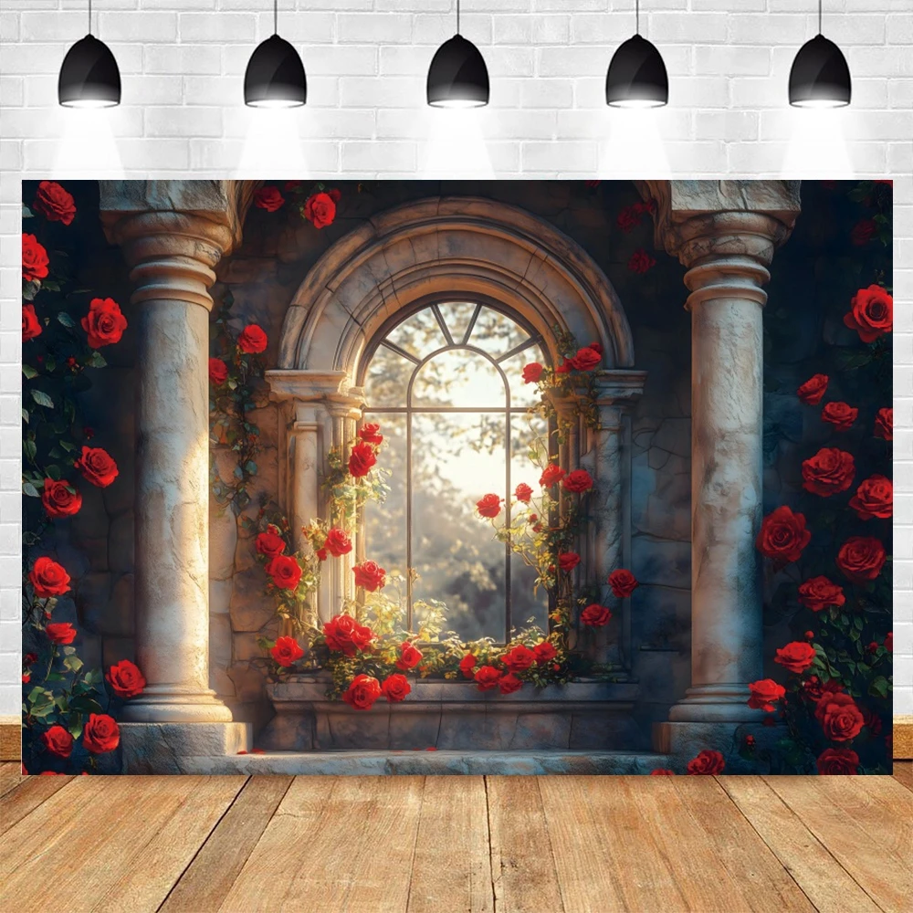 Red Rose Retro European Castle Palace Photography Backdrop Spring Flower Arch Bride Shower Wedding Party Background Photo Studio