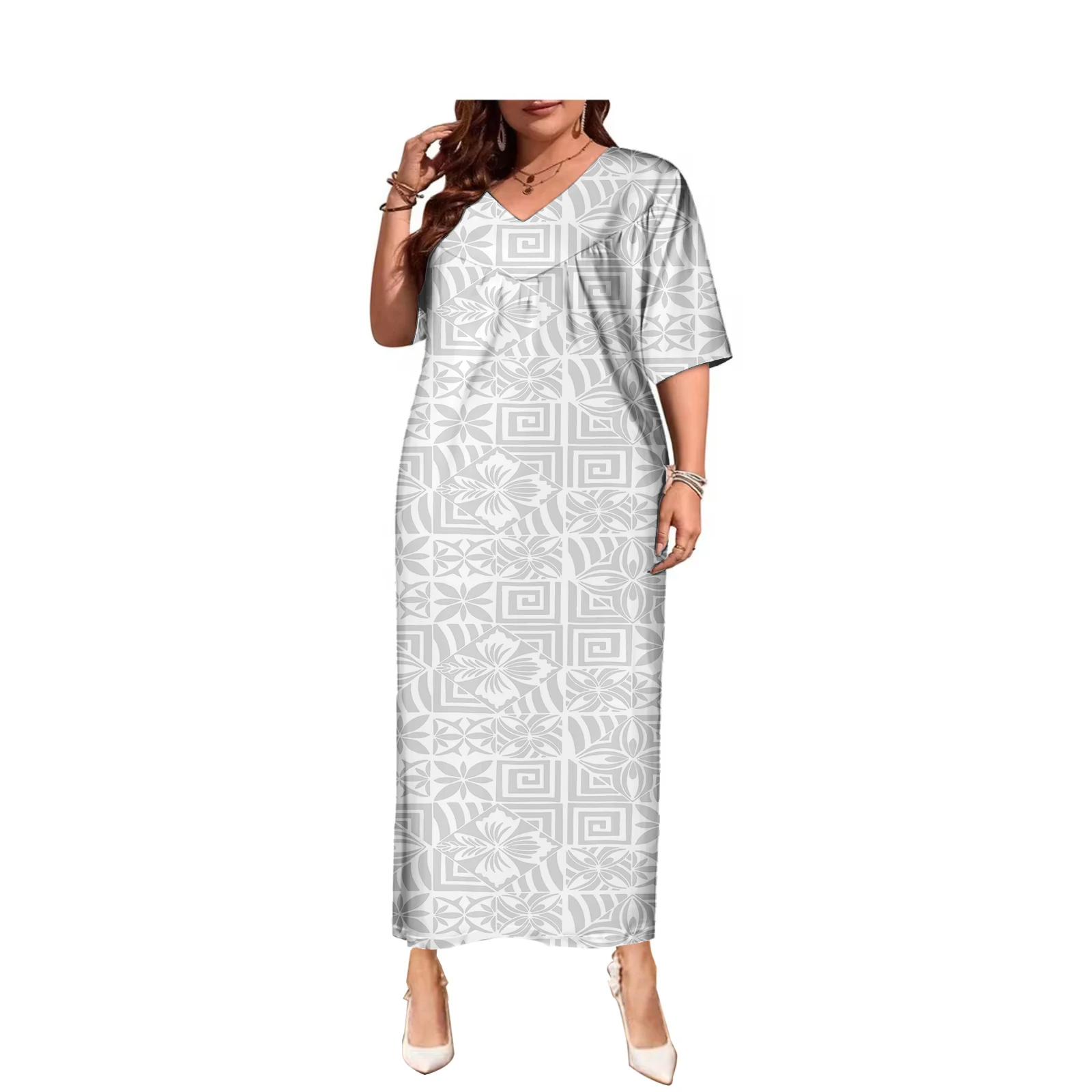 Short Sleeves Maxi Dresses Women Elegant Polynesian Tribal Samoan Tapa White Print Custom Women Sexy Plus Size Church Dress