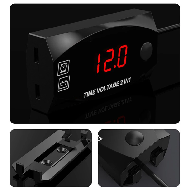 2 In 1 Universal Motorcycle Electronic Clock Voltmeter IP67 Waterproof Dust-proof LED Watch Digital Display