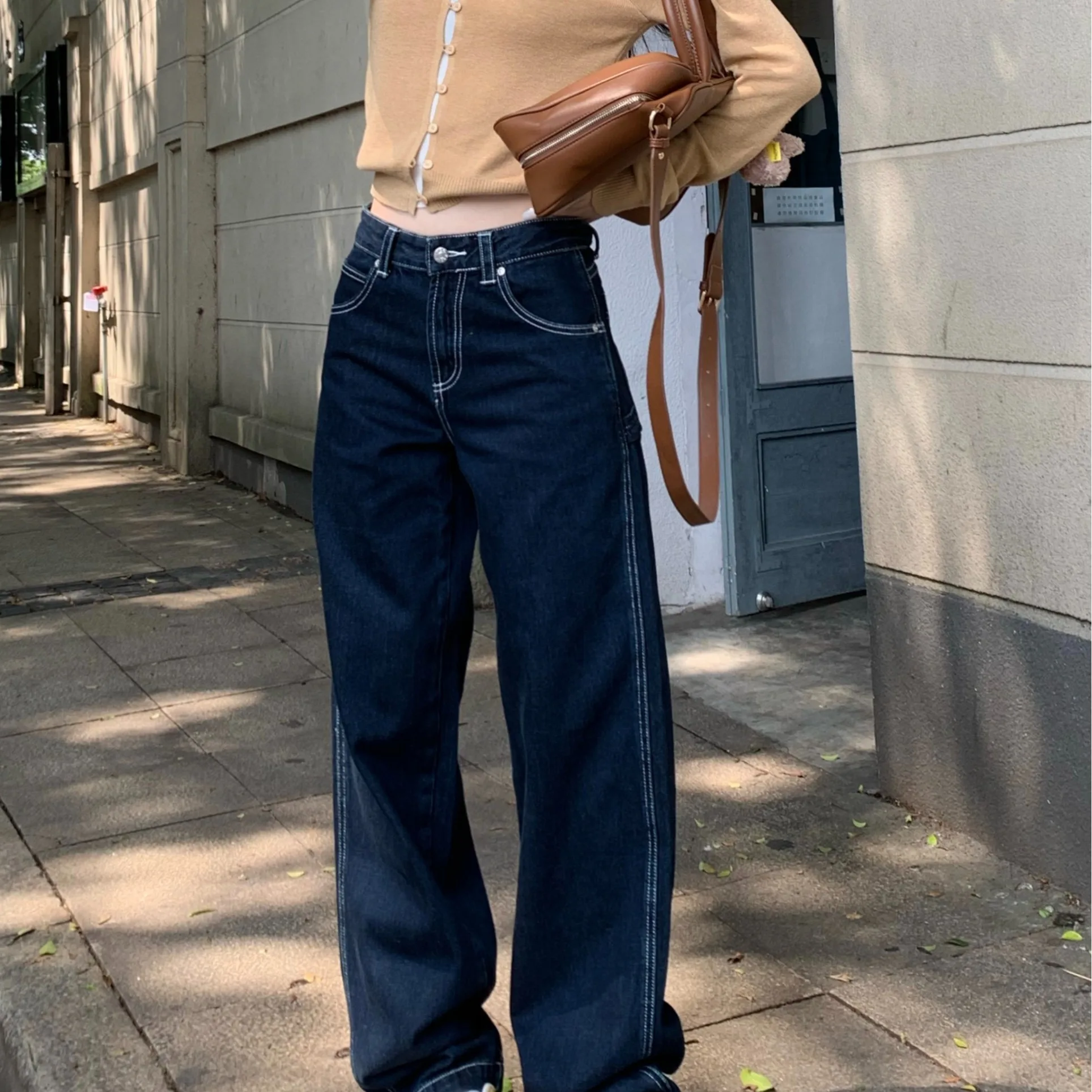 

Retro Korean Style Loose Women's Denim Workwear Jeans Deep Blue Lazy Straight Leg Wide Leg Pants Casual Long Trousers