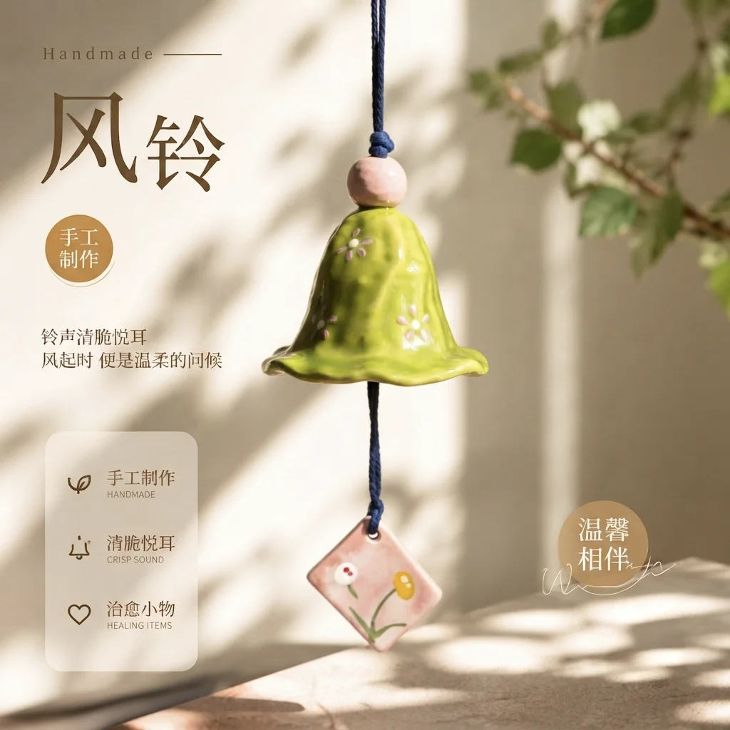 Handmade Ceramic Wind Chime Cute Green Pink Floral Hanging Wind Bell For Home Garden Yard Indoor Outdoor Decor
