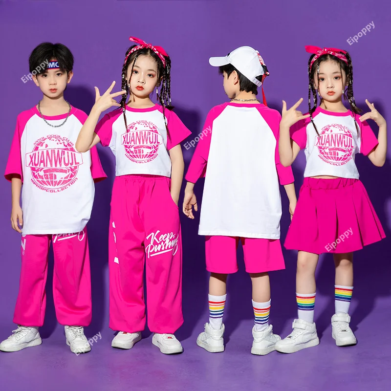 Kids Streetwear Hip Hop Summer Clothes Set Boys T-shirt Pants Street Dance Shorts Girls Crop Top Sweet Skirts Child Jazz Costume