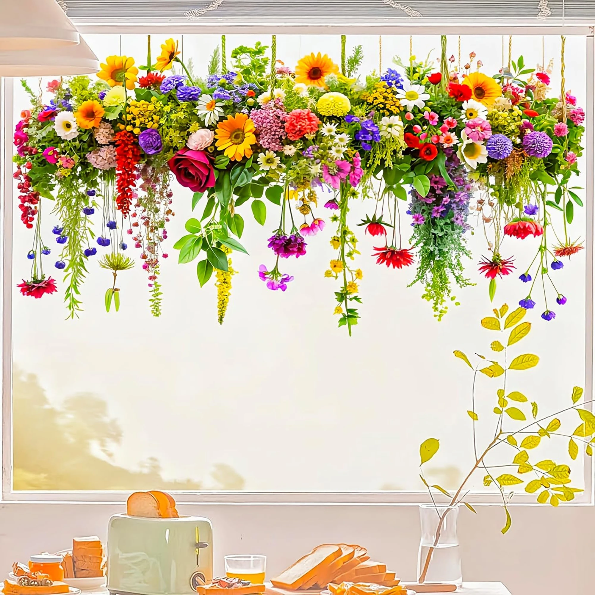 Bunte Hängende Blumen Statische Fensteraufkleber, Wiederverwendbar, Heim Küche Wohnzimmer Glasdekoration, Sommer Party Dekor