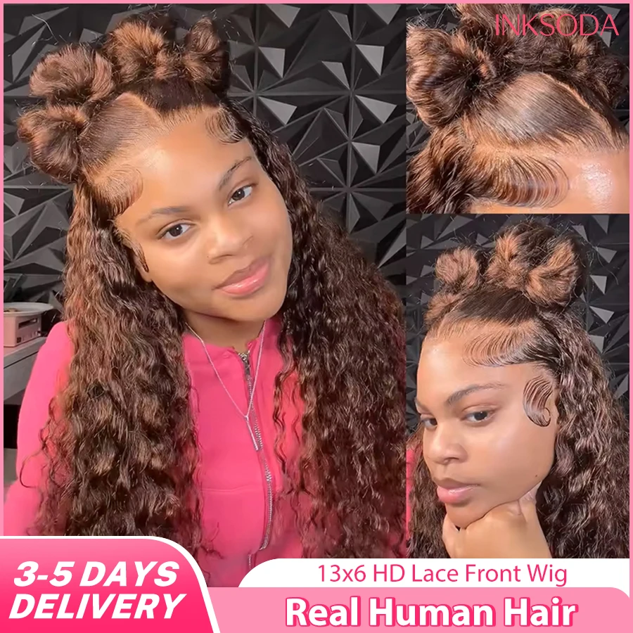 

30-дюймовый парик с HD-кружевной передней частью 13x6, плотность 220%, с мелированием, из натуральных волос, кудрявый, шоколадно-коричневый, глубокая волна, для женщин