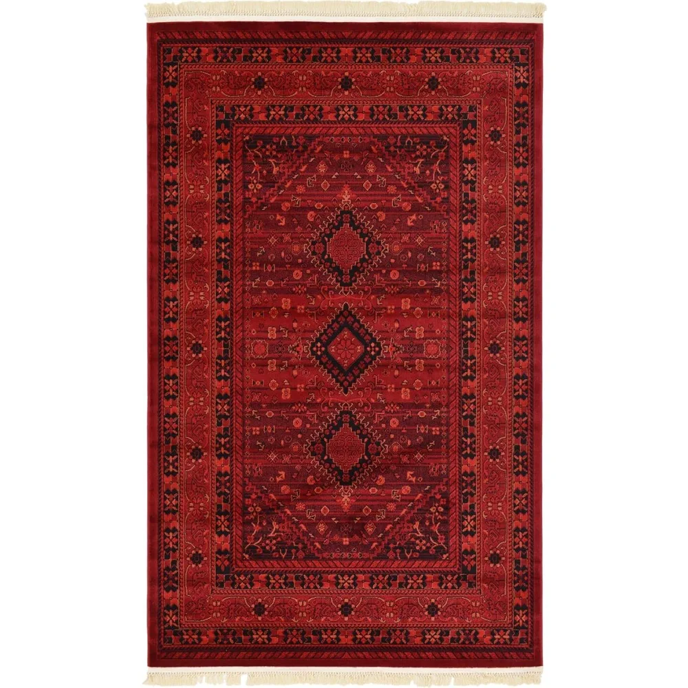Alfombra Tekke Collection (5' 3" x 8' Rectángulo, Rojo/Negro) Las alfombras rojas están colocadas en la sala de estar o la oficina del dormitorio