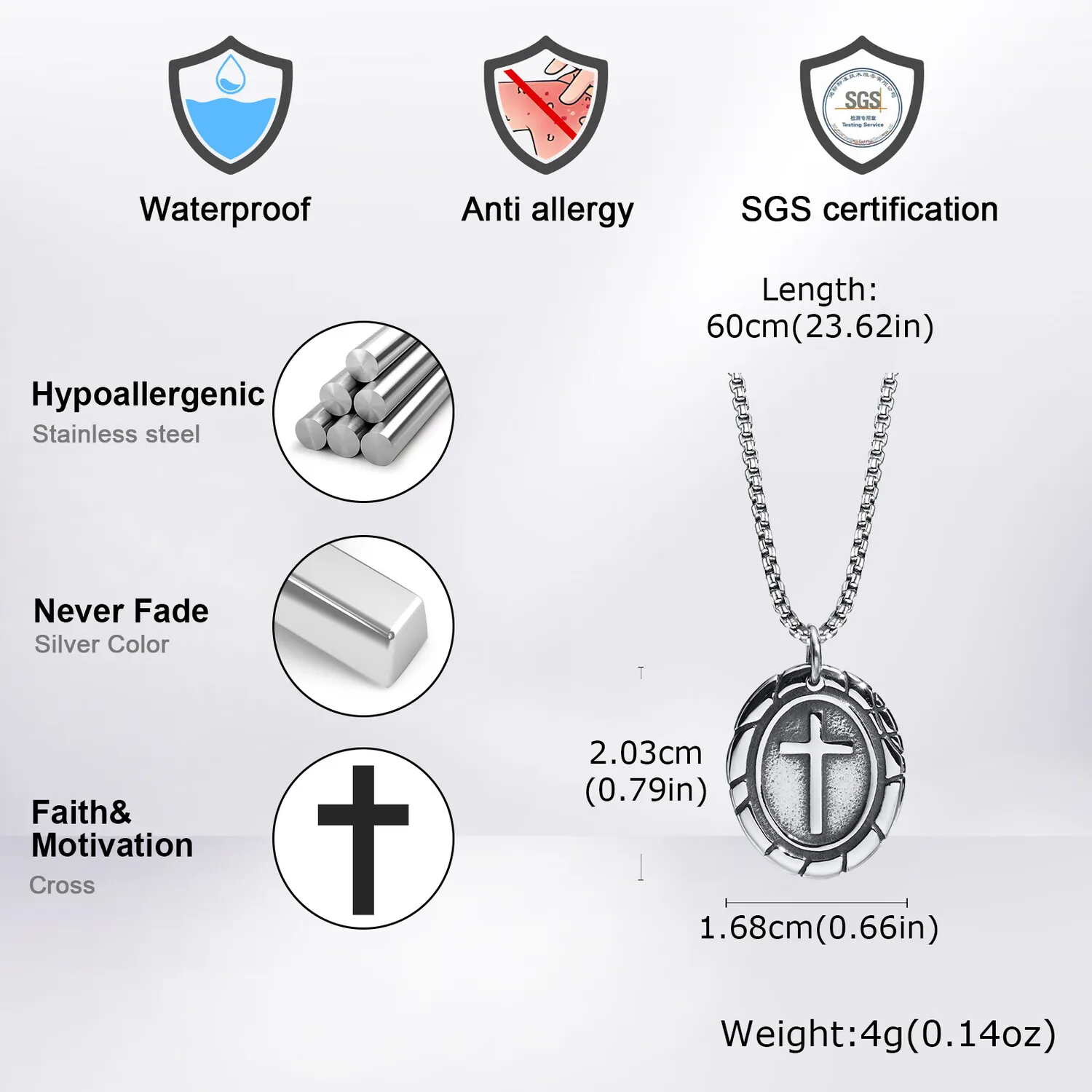 قلادة متقاطعة أساسية للرجال والأولاد، قلادة متقاطعة من الفولاذ المقاوم للصدأ مع سلسلة صندوق 50/55/60 سم، هدية الذكرى السنوية لعيد الميلاد #4