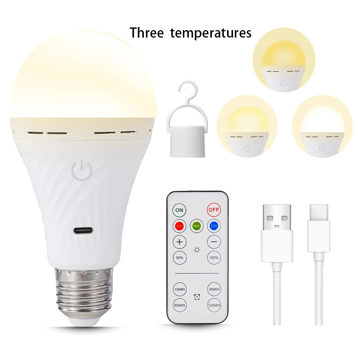 USB-C rechargeable tri color temperature bulb remote power bulb E27 touch dimming outdoor camping emergency light