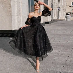 Black Glitter Tulle Midi Prom Dresses Removeale Short Sleeves Girl Homecoming Gowns Women Formal Party Special Customized Dress