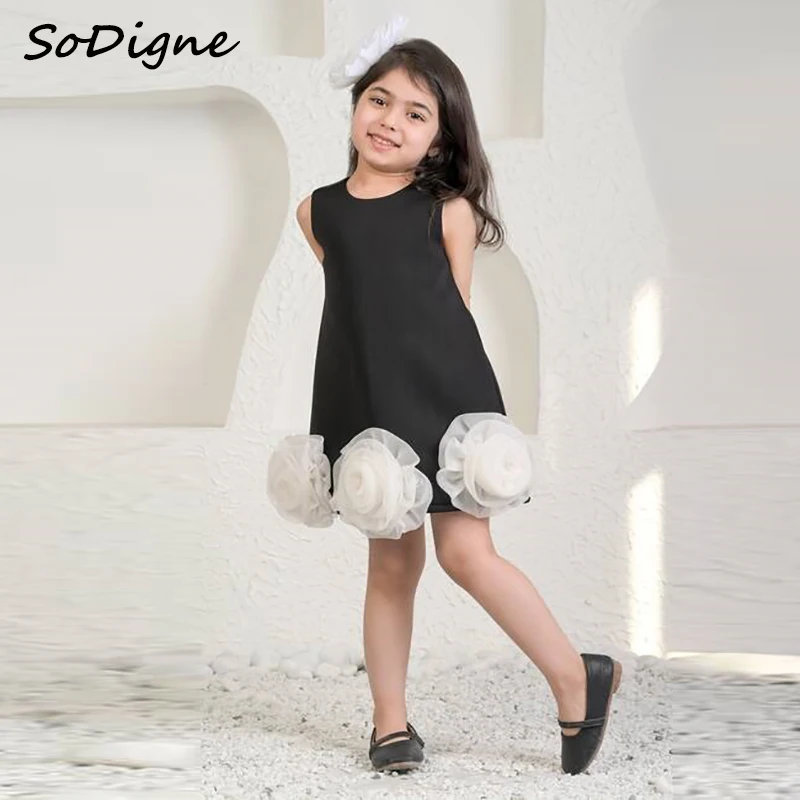 

SoDigne A-line Satin Arab Short Flower Girl Dress O-neck Sleeveless Princess Kid Dress Mini Birthday Party Gown Customized